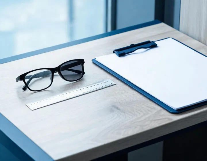 Photochromic sunglasses on a buyer briefing desk with millimetre callouts